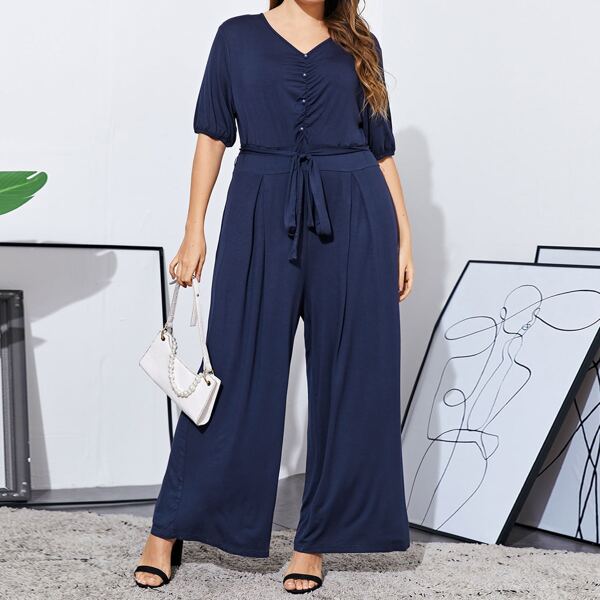 

Plus Ruched Detail Button Up Self Belted Jumpsuit, Navy blue