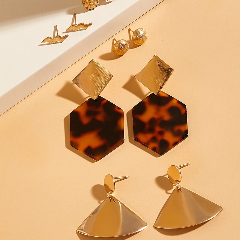 

5pairs Geo & Ball Earrings, Gold