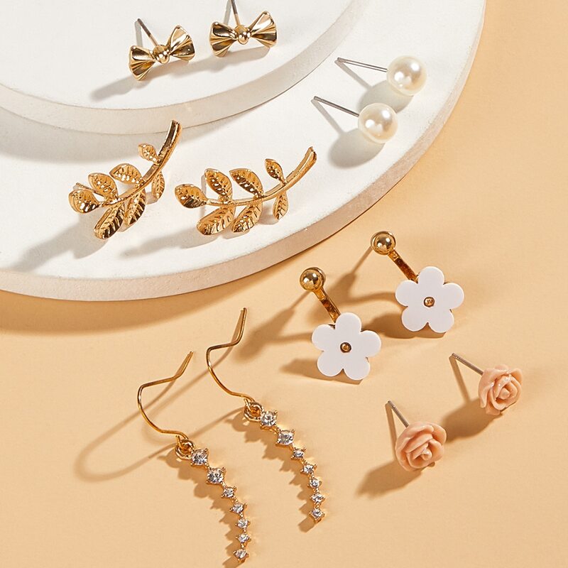

6pairs Rhinestone Leaf & Floral Earrings, Gold