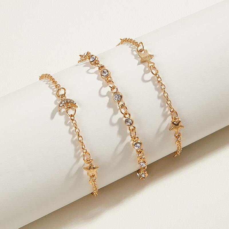 

3pcs Rhinestone Moon & Star Chain Bracelet, Gold