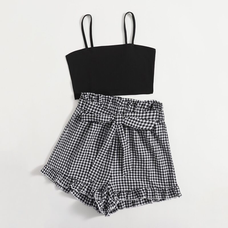 

Cami Top & Gingham Belted Shorts, Black and white