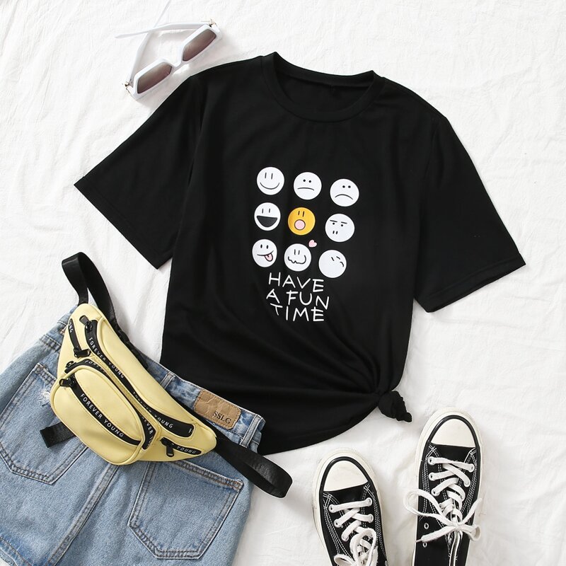 

Emoji & Slogan Graphic Tee, Black