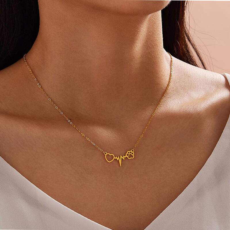 

Heartbeat Line & Dog Paw Pendant Necklace, Gold