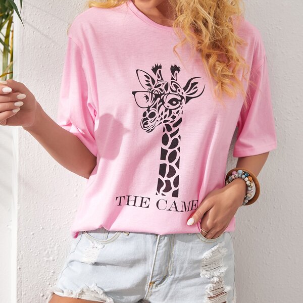 

Giraffe & Letter Graphic Tee, Baby pink