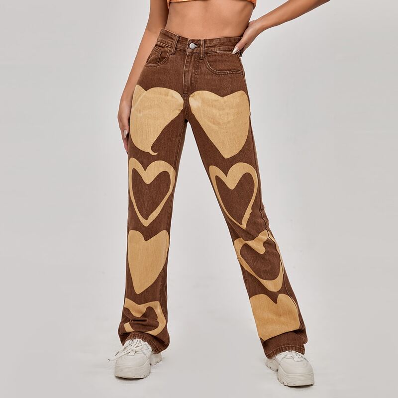 

High Waist Heart Print Straight Jeans, Brown