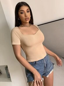 Chiquease 雞心領羅紋針織T恤