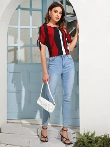 SHEIN Clasi 開衩結飾袖拼色上衣 - 彩色 - 查看 4