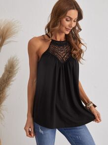 SHEIN LUNE Guipure Lace Insert Tie Back Halter Top