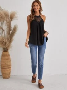 SHEIN LUNE Guipure Lace Insert Tie Back Halter Top