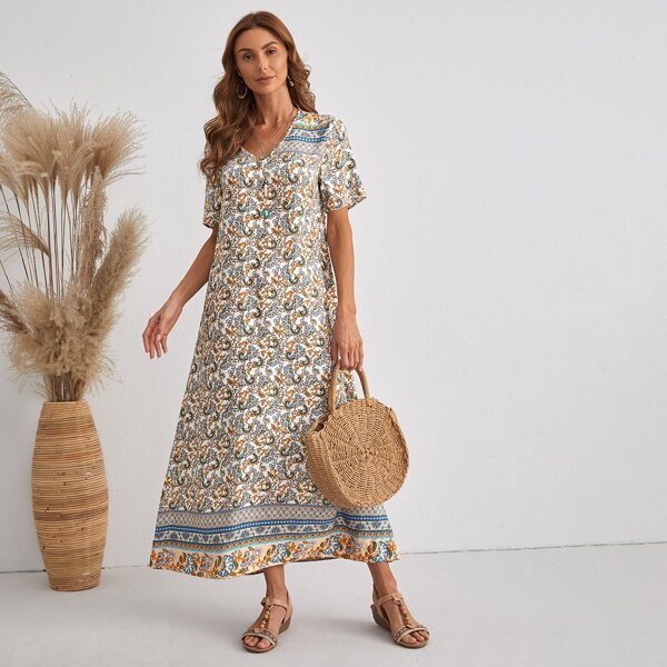 

Floral V-Neck Tunic Dress, Multicolor