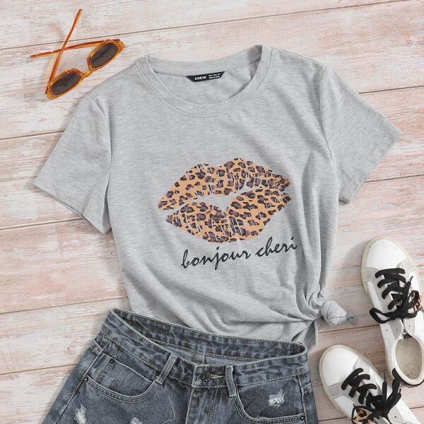 

Leopard Lip And Letter Graphic Tee, Light grey