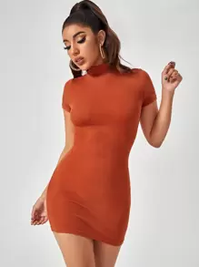 Mackenzie Miller Mock Neck Solid Rib-knit Bodycon Dress - Burnt Orange - View 1
