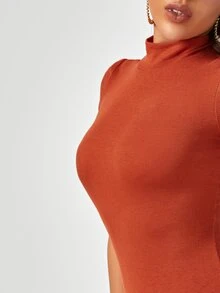 Mackenzie Miller Mock Neck Solid Rib-knit Bodycon Dress - Burnt Orange - View 4