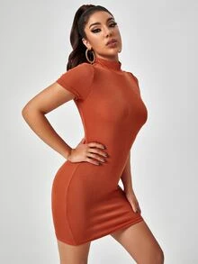Mackenzie Miller Mock Neck Solid Rib-knit Bodycon Dress - Burnt Orange - View 5