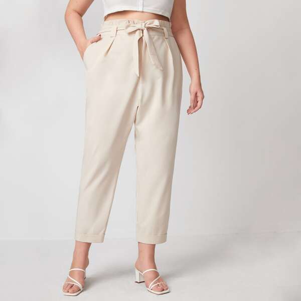 

Plus Paperbag Waist Belted Carrot Pants, Apricot