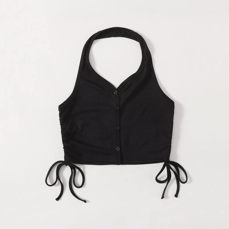 

Solid Button Front Drawstring Ribbed Crop Top, Black