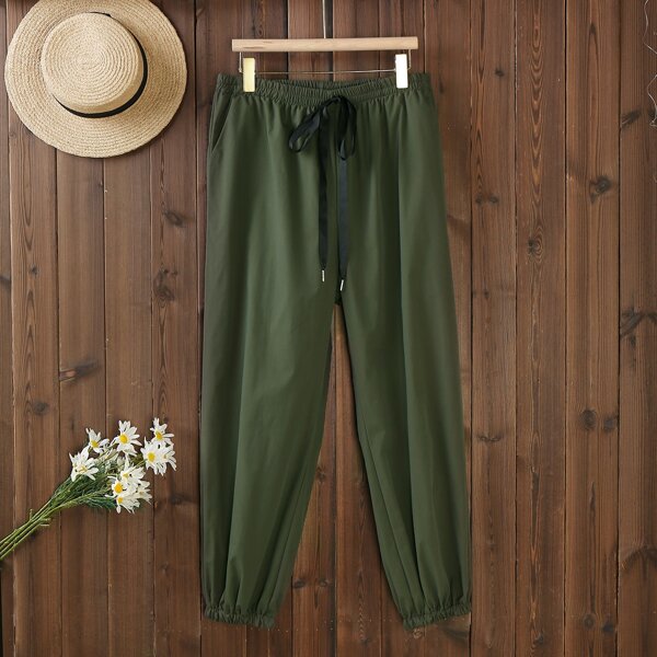 

Plus Drawstring Waist Slant Pocket Pants, Army green