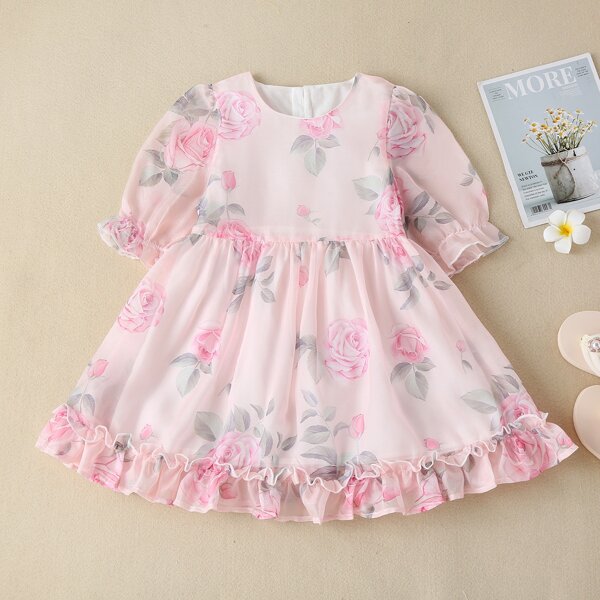 

Toddler Girls Floral Print Ruffle Hem Dress, Baby pink