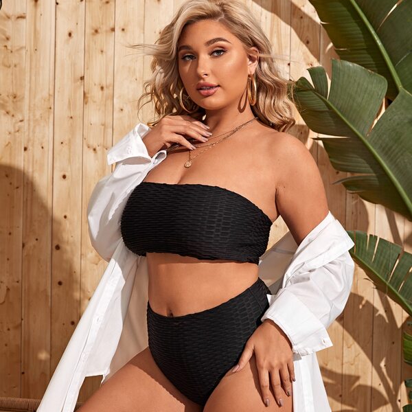 

Plus Textured Bandeau Bikini Swimsuit, Black