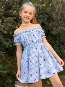 SHEIN Girls Gingham Cherry Print Off Shoulder Dress - Blue and White - View 1