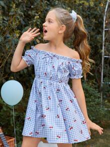 SHEIN Girls Gingham Cherry Print Off Shoulder Dress - Blue and White - View 3