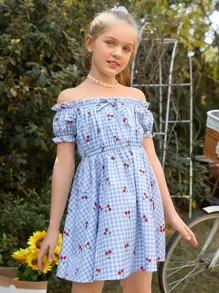 SHEIN Girls Gingham Cherry Print Off Shoulder Dress - Blue and White - View 4