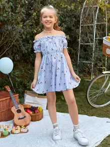 SHEIN Girls Gingham Cherry Print Off Shoulder Dress - Blue and White - View 5