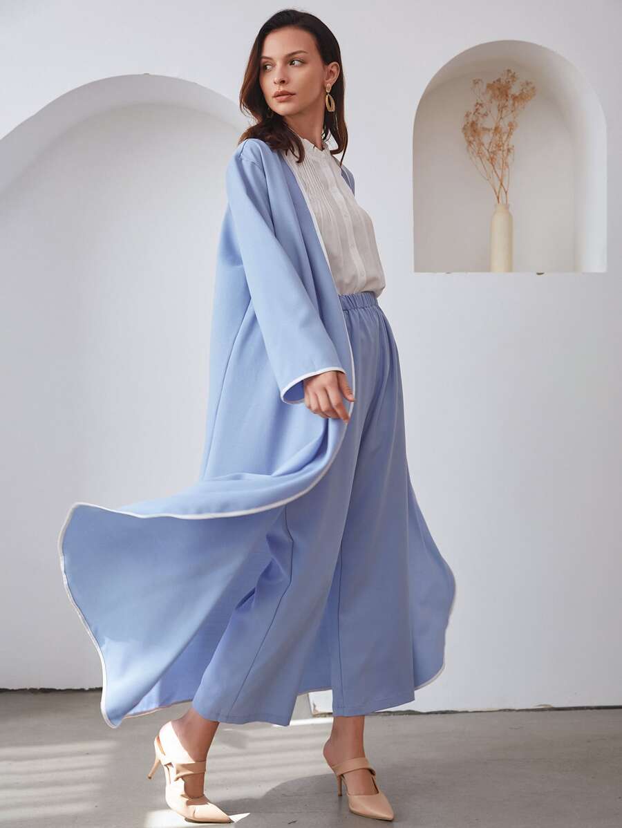 Al Najma 2pcs Contrast Binding Coat & Wide Leg Trousers - Baby Blue - View 1