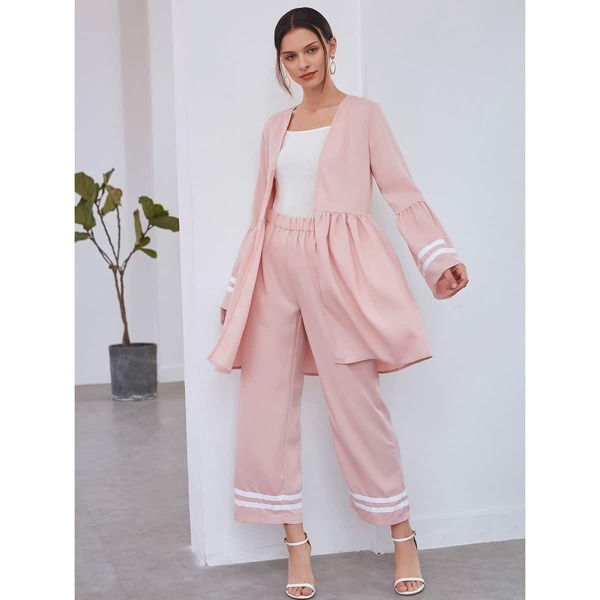 

2pcs Stripe Tape Coat & Wide Leg Pants, Baby pink