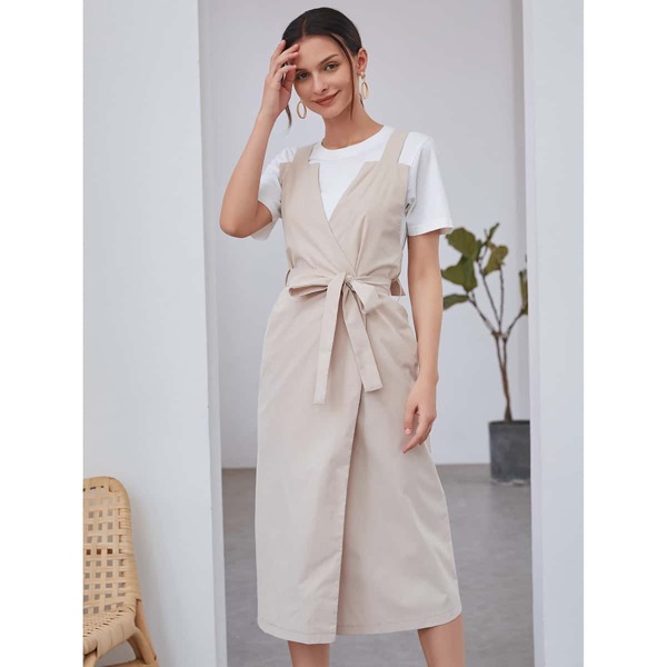 

1pc Self Tie Criss-cross Cami Dress, Apricot