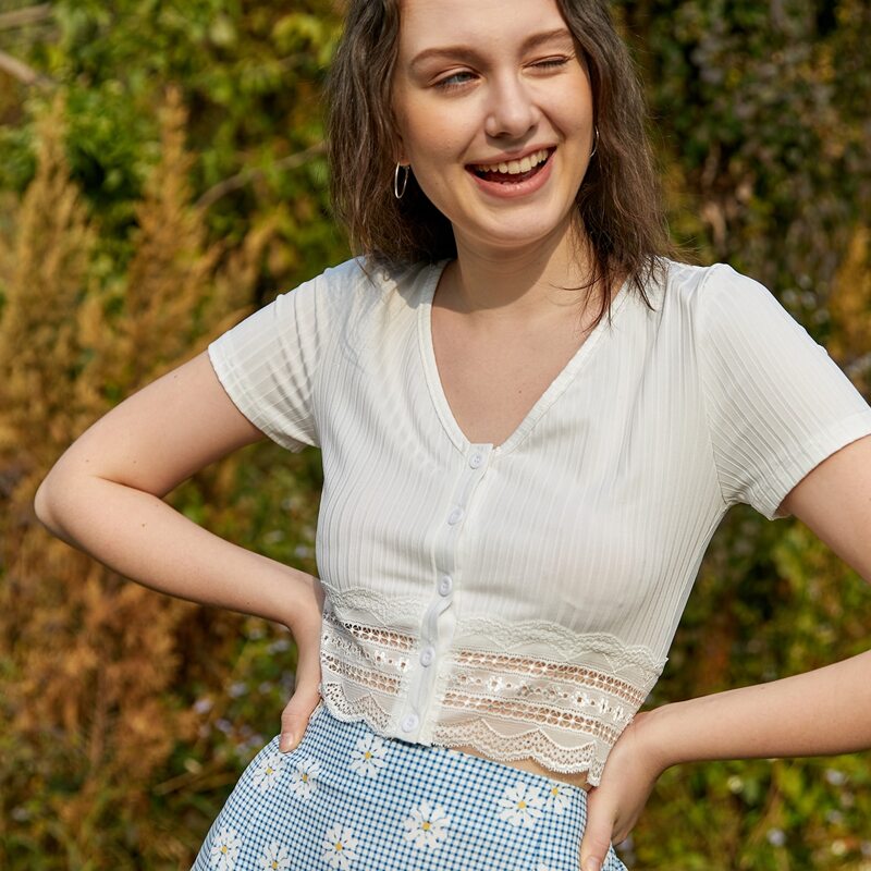 

Contrast Lace Ribbed Crop Tee, White