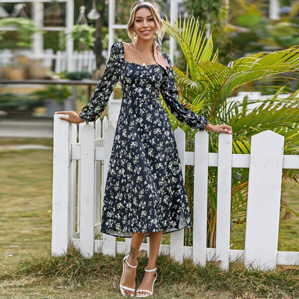 

Floral Print Square Neck A-line Dress, Multicolor