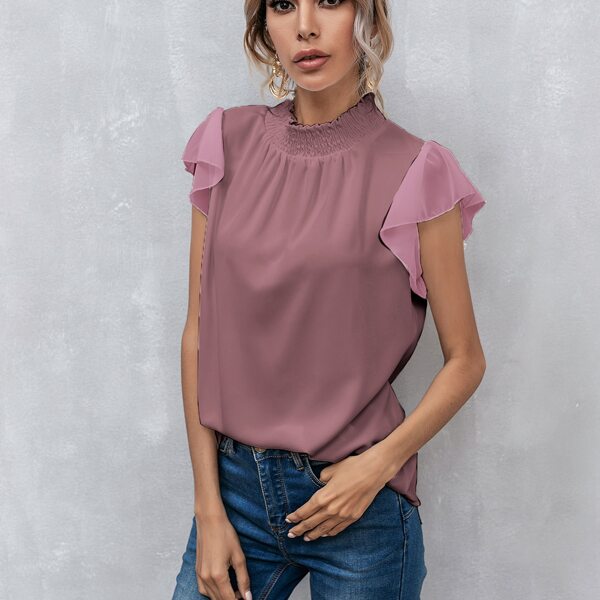 

Shirred Mock Neck Butterfly Sleeve Top, Dusty pink