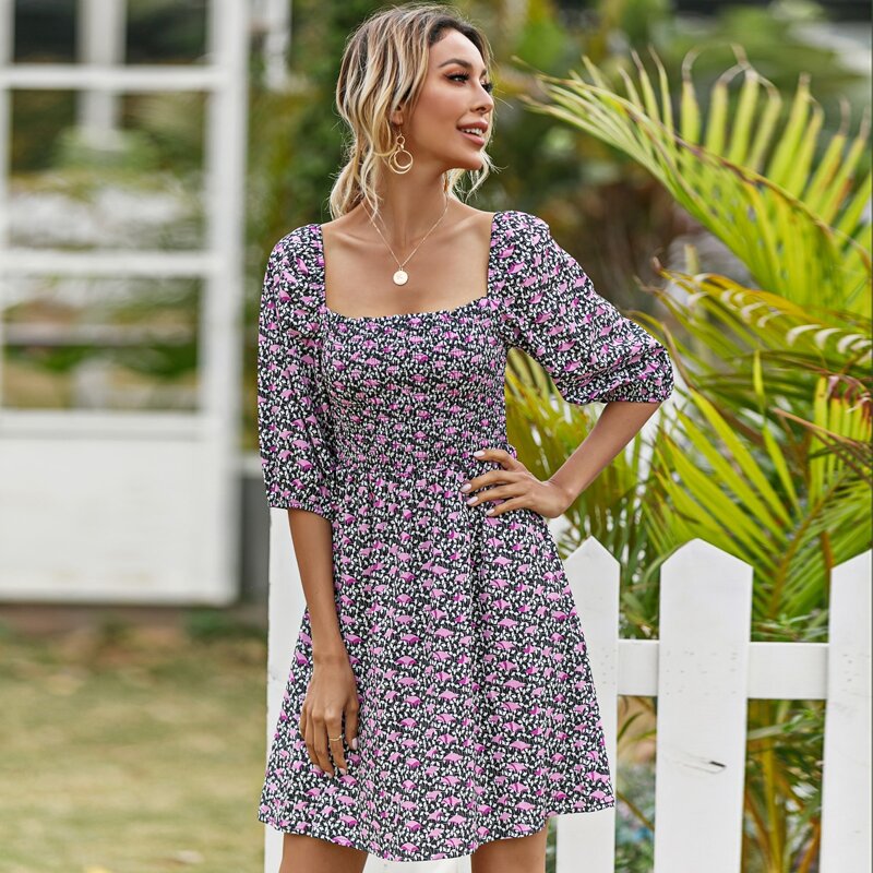 

Square Neck Shirred Swing Dress, Multicolor