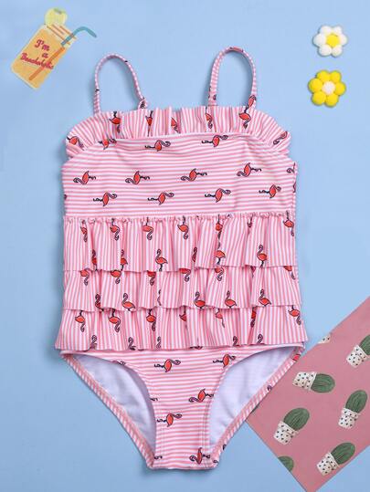 ملابس سباحة طفلة صغيرة طبقة متداخلة فلامنجو لطيفة