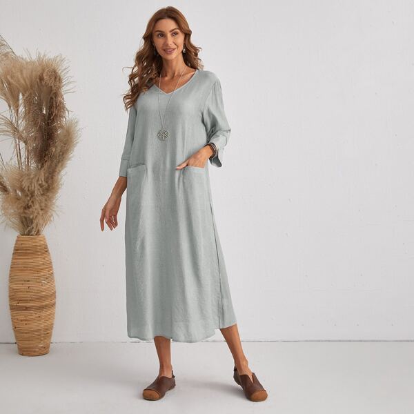 

Solid Dual Pocket Tunic Dress, Dusty blue