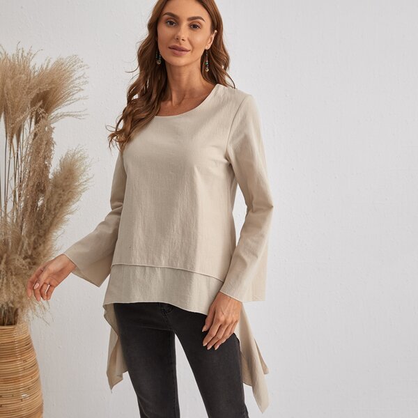 

Solid Asymmetrical Hem Blouse, Apricot