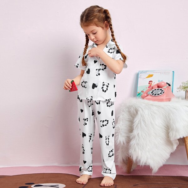 

для девочек Пижама панда & с принтом сердечка, Черный и белый