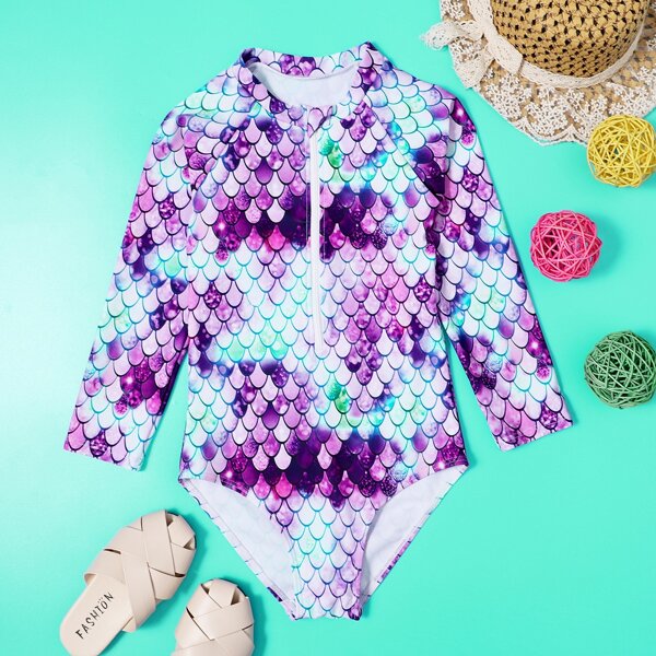 

Girls Fish Scales Zip-up One Piece Swimsuit, Multicolor