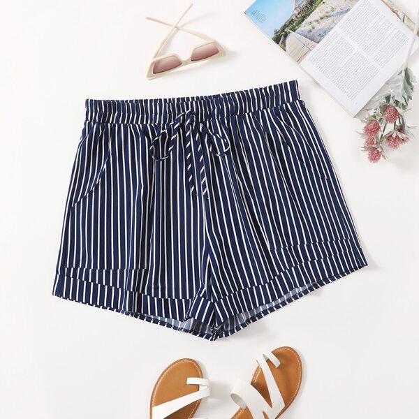 

Plus Knot Waist Striped Shorts, Blue and white