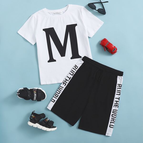 

Boys Letter Graphic Tee & Track Shorts Set, Black and white