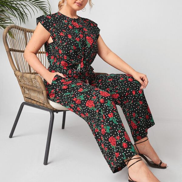

Plus Floral & Polka Dot Print Knot Hem Blouse & Pants, Black