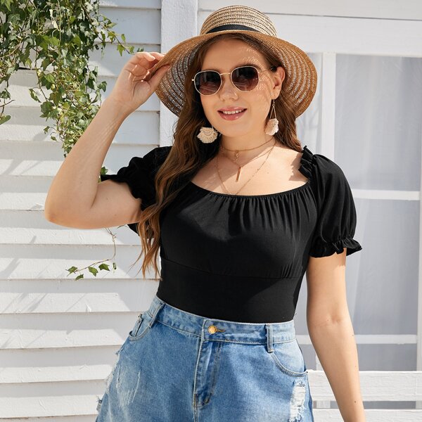 

Plus Solid Flounce Sleeve Crop Milkmaid Tee, Black