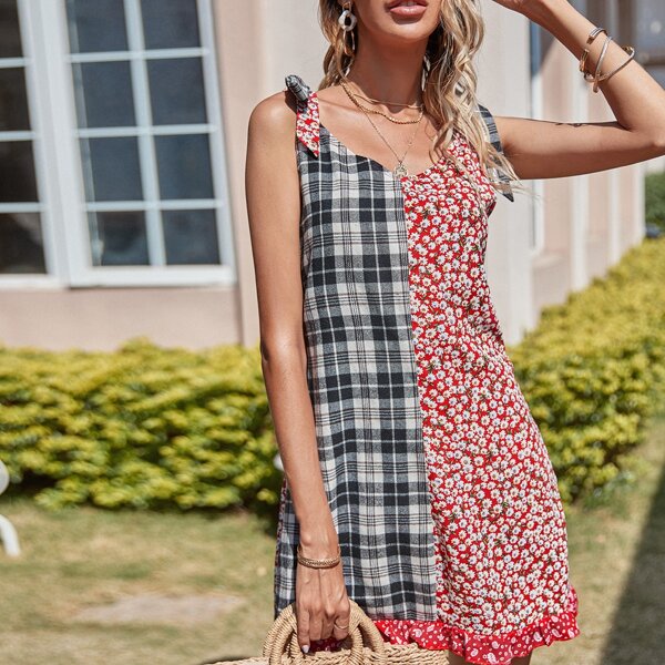 

Plaid And Floral Print Knotted Cami Dress, Multicolor