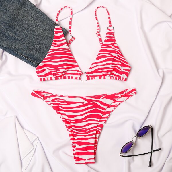

Zebra Striped Pattern Bikini Swimsuit, Hot pink