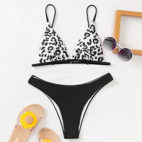 

Leopard Triangle Bikini Swimsuit With Headband, Black
