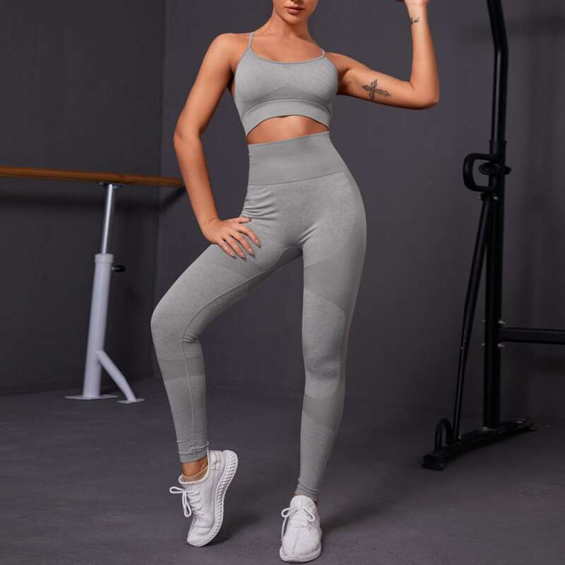 

Space Dye Crisscross Back Sports Bra & Leggings, Grey