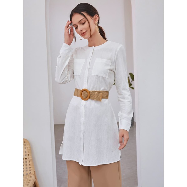 

Button Front Dual Pockets Blouse Without Belt, White