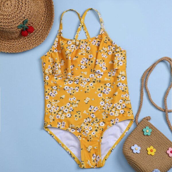 

Baby Girl Floral Print Flounce One Piece Swimsuit, Yellow