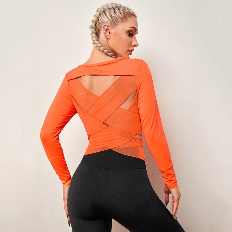 

Contrast Mesh Criss Cross Back Sports Tee, Orange